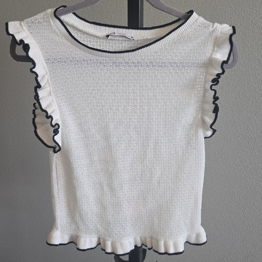 Zara White Ruffle Trim Blouse with Black Accents